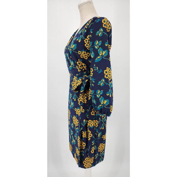 J Crew Floral Wrap Dress 0 V Neck 3/4 Sleeve Style K0109 Navy Blue Yellow Career - Picture 5 of 11